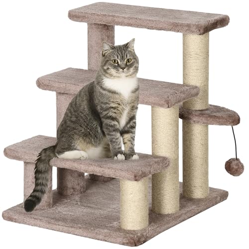 PawHut Katzentreppe 3-stufige Haustiertreppe mit Kratzsäulen Ball Hundetreppe Tiertreppe für Katzen bis 5 kg Plüsch Jute Braun 45 x 40 x 48 cm von PawHut