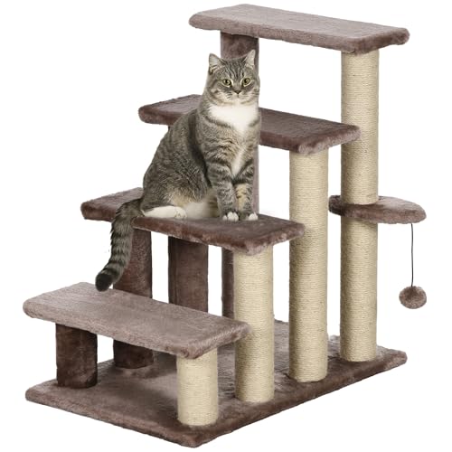 PawHut Katzentreppe mit Kratzbaum 4-stufige Haustiertreppe mit Spielball Hundetreppe Tiertreppe für Katzen bis 5 kg, Plüsch Jute Braun 60 x 40 x 64 cm von PawHut