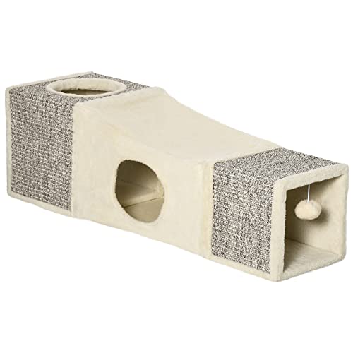 PawHut Katzentunnel, Katzenspielzeug mit Spielball, Katzenhöhle, Faltbarer Spieltunnel aus Sisal, Kombiniertes Design, Braun+Beige, 98 x 30 x 30 cm von PawHut