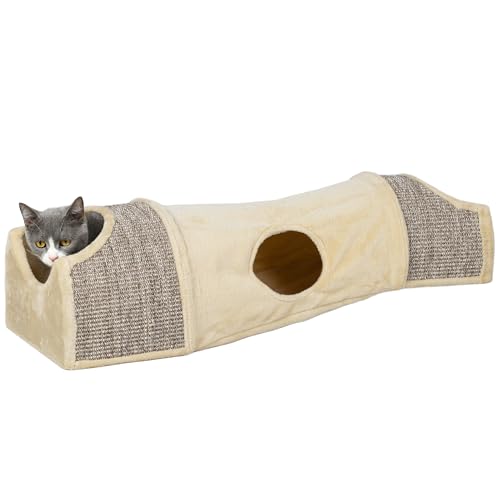 PawHut Katzentunnel Spieltunnel mit 2 Häuschen, 3 Öffnungen, Faltbar Tiertunnel für Katzen bis 6 kg, Indoor, Beige von PawHut