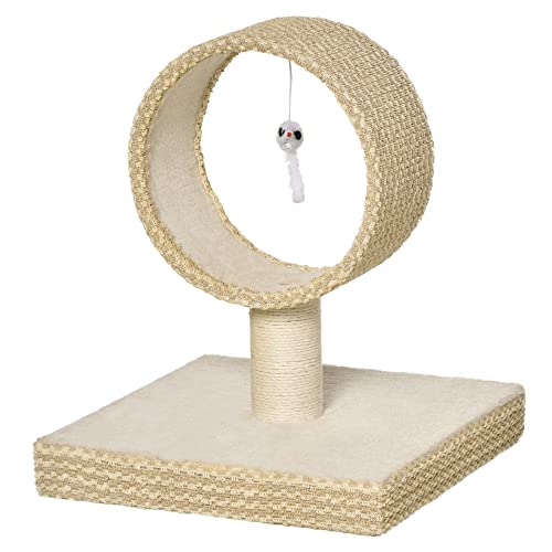 PawHut Kleiner Kratzbaum 61x41x50 cm Katzenkratzturm mit oberem Tunnel Kratzbaum aus Jute und hängendem Rattenspielzeug Beige von PawHut