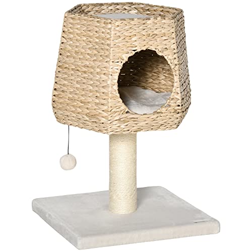 PawHut Kleiner Kratzbaum Höhe 66 cm Katzenkletterturm mit Schilf Höhle Top Bett Kissen Sisal Kratzbaum und hängenden Ball Creme & Natur von PawHut