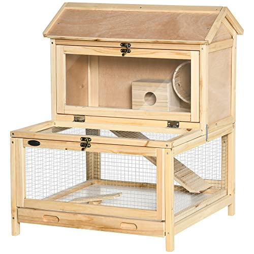 PawHut Kleintierkäfig Kleintierstall Nagerkäfig mit Bodenwanne und Rampe Meerschweinchenstall Holzkäfig Kleintier Tannenholz Natur 63,5 x 62 x 78 cm von PawHut