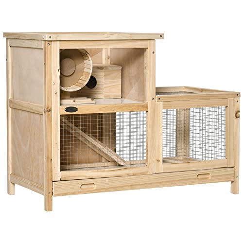 PawHut Kleintierkäfig Kleintierstall Nagerkäfig mit Rampe Meerschweinchenstall Holzkäfig Kleintier Tannenholz Natur 78 x 41,5 x 60 cm von PawHut