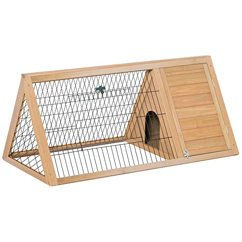 PawHut Kleintierstall 3-eckig Kleintiergehege, Kleintierkäfig mit Tür Meerschweinchenstall, Kleintierhaus Auslauf aus Tannenholz, Gelb 116 x 62,2 x 52,5 cm von PawHut