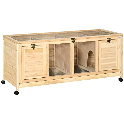 PawHut Kleintierstall Kleintierkäfig teilbar mit Rollen Tierstall Meerschweinchenstall Meerschweinchenkafig Zwergkaninchenstall Kleintierhaus Outdoor Tannenholz Natur 138 x 53 x 61 cm von PawHut