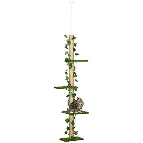 PawHut Kratzbaum, Katzenkratzbaum Deckenhoch, 202-242 cm, Kletterbaum, Katzenbaum Höhenverstellbar, Spielbaum mit Kippschutz, Jute, Grün+Gelb von PawHut