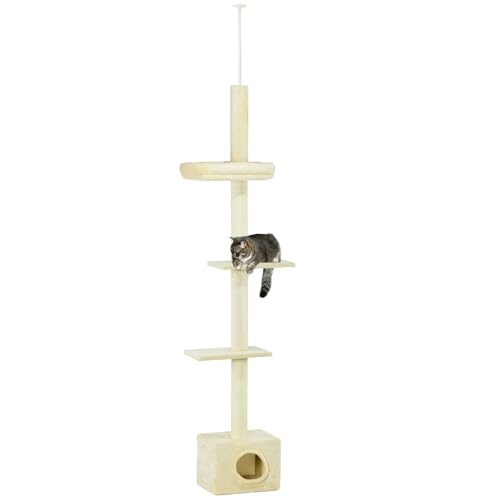 PawHut Kratzbaum, höhenverstellbar von 230 bis 260 cm, Spielturm für Katzen, Kratzbaum, 4 Aktivitätsebenen, mit Höhle aus Plüsch, Beige von PawHut