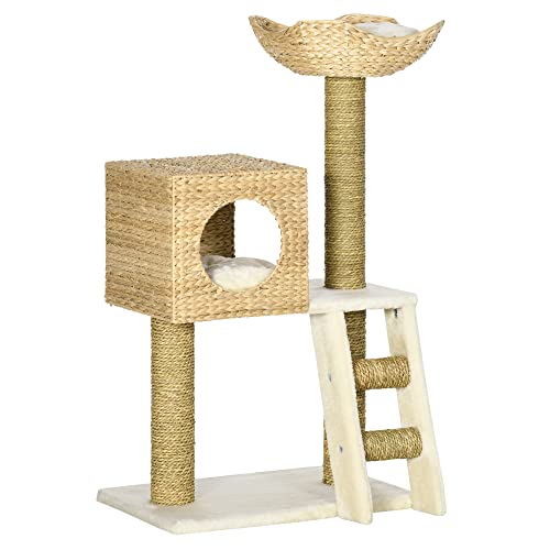 PawHut Kratzbaum 100,5 cm Katzenbaum mit Katzenhöhle, Bett, Treppe, Katzenkratzbaum mit Sisal-Kratzsäulen, Kissen, für Katzen bis 4,5 kg, Natur von PawHut