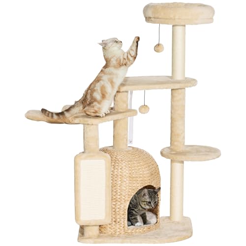 PawHut Kratzbaum 112 cm Katzenbaum mit Katzenhöhle, Bett, Spielbälle, Katzenkratzbaum mit Sisal-Kratzsäulen, für Katzen bis 5 kg, Beige von PawHut