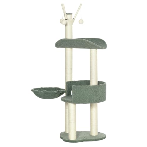 PawHut Kratzbaum 123H cm Katzenbaum Kletterbaum Katzenkratzbaum mit Liegekorb, Spielball, Sisalsäule für Katzen bis 5 kg Plüsch Cremeweiß+Grün von PawHut