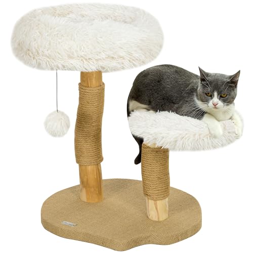 PawHut Kratzbaum 61,5 cm hoch Katzenkratzbaum mit Spielball, Betten, Katzenturm mit Katzenkratzbrett, für Katzen unter 5 kg, Birnbaumholz, Weiß von PawHut