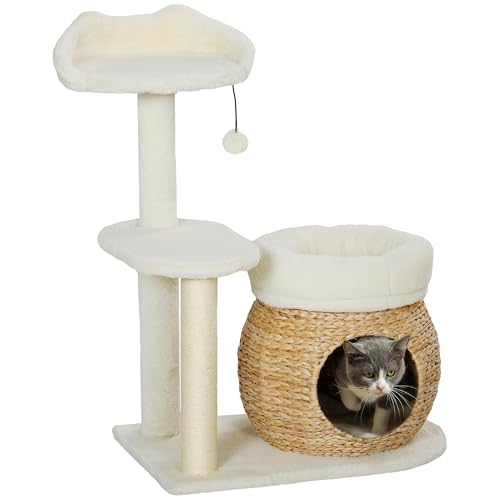 PawHut Kratzbaum 79 cm Katzenbaum mit Katzenhöhle, Bett, Spielbälle, Katzenkratzbaum mit Sisal-Kratzsäulen, für Katzen bis 5 kg, Cremeweiß von PawHut