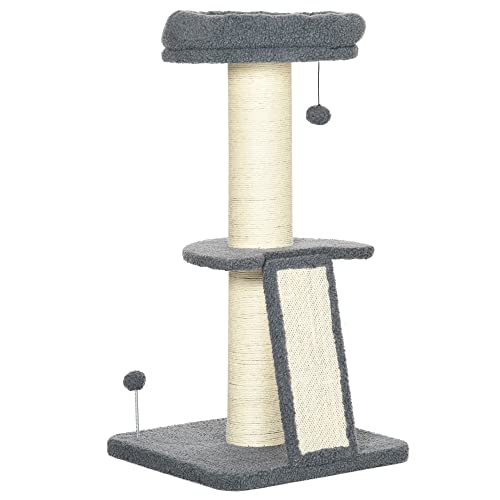 PawHut Kratzbaum 92H cm Kletterbaum mit Kratzbrett und Spielball Katzenbaum Dicke Sisalsäule Katzenspielzeug mit Rampe Lammfell-Imitat Dunkelgrau+Cremeweiß von PawHut