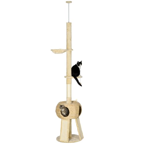 PawHut Kratzbaum Deckenhoch, 225-255 cm Katzenkratzbaum mit Katzenhöhle, Katzenbaum mit Spielball, Hängematte, Kletterbaum für Katzen bis 5 kg, Katzenmöbel, Plüsch, Beige von PawHut