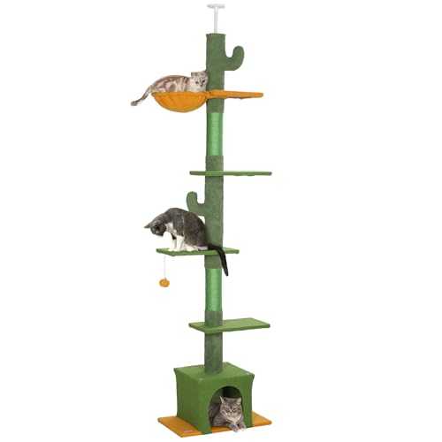 PawHut Kratzbaum Deckenhoch, Katzenbaum, 230-275 cm Katzenkratzbaum mit Katzenhöhle, Kratzstämmen, Spielball, Katzenmöbel mit Kippschutz, Grün von PawHut