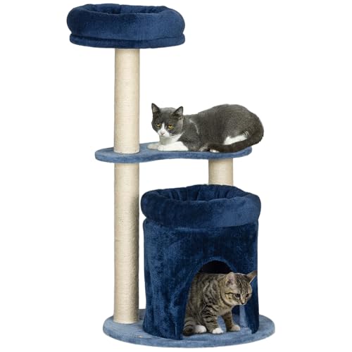 PawHut Kratzbaum Katzenbaum Kletterbaum Katzenbaum mit Betten Höhle Plattform Kratzpfosten Sisal Natur Höhe 85cm Dunkelblau Creme von PawHut