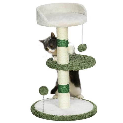 PawHut Kratzbaum Klein Kletterbaum, 64 cm Sisal- Katzenkratzbaum, Runder Katzenbaum mit Liegefläche, Spielball, Katzenmöbel für Katzen bis zu 4 kg, Weiß, Grün von PawHut