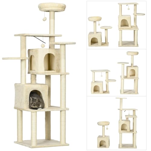 PawHut Kratzbaum für Katzen, Kletterbaum, Spielturm, Höhe 171 cm, Aktivitätszentrum mit 2 Höhlen, 6 Plattformen, 2 hängenden Bommeln, Beige von PawHut