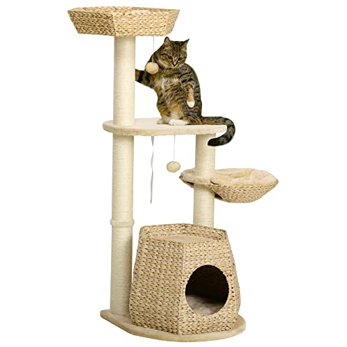 PawHut Kratzbaum für Katzen, Sisal, 2 Körbe, mit Kissen, 2 Kugeln, mit Engel-Motiv, kurz, cremefarben von PawHut