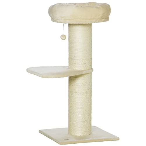 PawHut Kratzbaum für Katzen, mit Sisalpfosten, Plattform und Bommel zum Aufhängen, mit Plüsch, Beige von PawHut