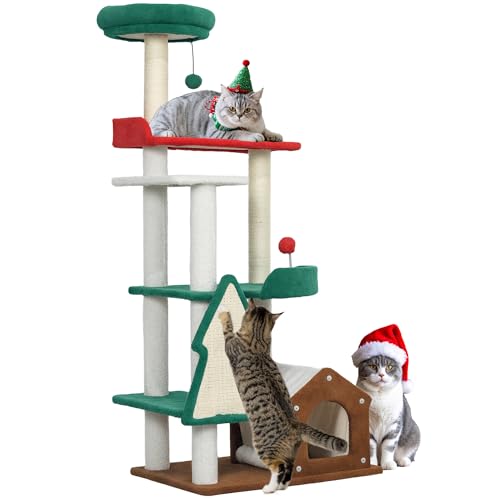 PawHut Kratzbaum in Weihnachtsfarben, 135 cm Katzenbaum mit 6 Ebenen, Katzenkratzbaum mit Katzenhöhle, Spielball, Sisal-Kratzsäulen, für 1-2 Katzen bis 5 kg, Mehrfarbig von PawHut