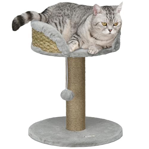 PawHut Kratzbaum klein, 49 cm Katzenbaum, Katzenkratzbaum mit Spielball, Liegefläche, Kletterbaum für Katzen bis 4 kg, Katzenmöbel, Jute Grau von PawHut