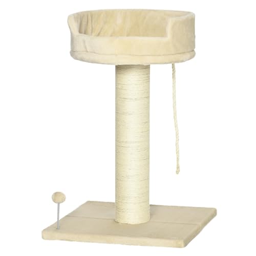 PawHut Kratzbaum klein, 85 cm Katzenbaum, Katzenkratzbaum mit Liegefläche, Plüsch-Kletterbaum mit Spielball, Katzenmöbel, für Katzen unter 6 kg, Sisal, Beige von PawHut