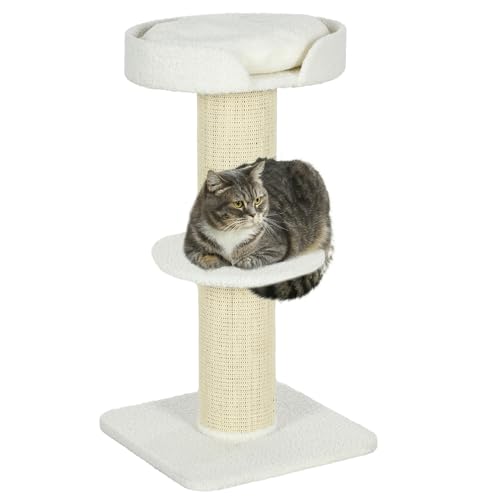 PawHut Kratzbaum klein 91 cm Katzenbaum mit Katzenbett, Katzenkratzbaum Spielbaum Kratzstamm mit Plattform für Katzen bis 5 kg Sisal Lammwolle Cremeweiß von PawHut