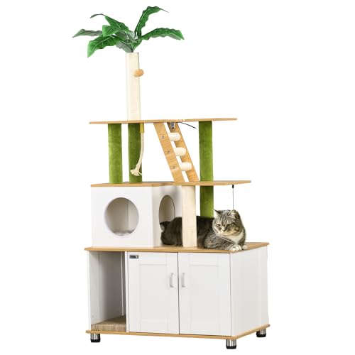 PawHut Kratzbaum mit Katzenklo-Schrank, 2-in-1 Katzenbaum, 160 cm, mit Katzenhaus, Treppe, Kratzstamm, Spielball, Kratzmöbel mit großer Plattform, Eiche von PawHut