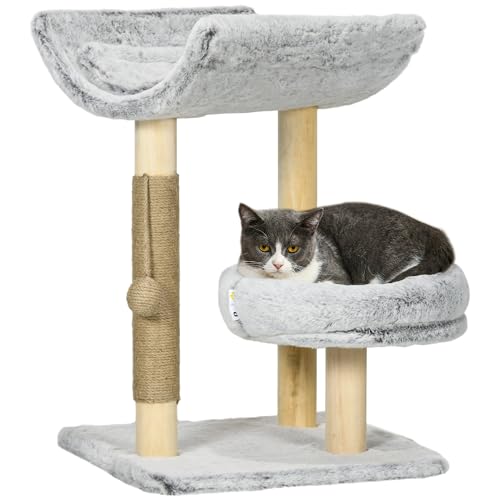 PawHut Kratzbaum mit Kratzbaum, Kletterbaum für Katzen, Spielturm für Katzen, 1 obere Höhle mit waschbarem Kissen, 1 runde Höhle und 1 hängender Ball, Höhe 66,5 cm, Massivholz, grau von PawHut