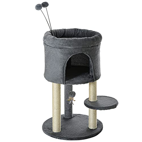 PawHut Kratzbaum mit Kratzbrett Kletterbaum für Katzen Aktivitätscenter mit Hundehütte Höhe 73,5 cm Spiel Pompons zum Aufhängen - Sisal und Plüsch grau von PawHut