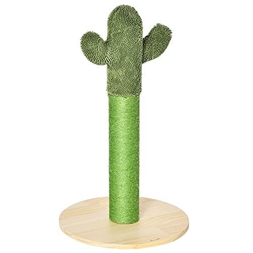 PawHut Kratzsäule für Katzen Kaktus-Kratzstämme Kratzbaum Katzenbaum Kiefernholz Sisal Seil Kratzstamm Spielzeug für Katzen 65 cm Hoch Grün+Natur von PawHut