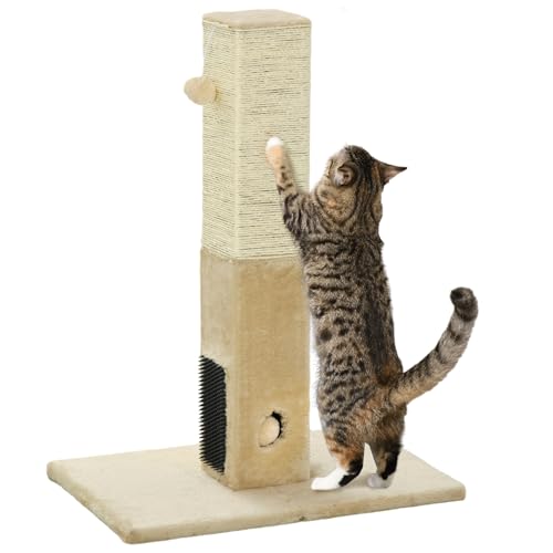 PawHut Kratzstamm, 79cm Kratzsäule mit Fellbürsten, Jute-Katzenkratzbaum mit Spielball, Kratzbaum für Katzen unter 4,5 kg, Katzen Kratzmöbel, Indoor, Beige von PawHut