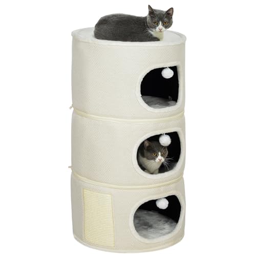 PawHut Kratztonne, 100 cm hoch Katzentonne mit 3 Höhle, Kratzbaum mit Spielbällen, Katzenturm aus Sisal, für Katze bis 6 kg, Beige+Cremeweiß von PawHut