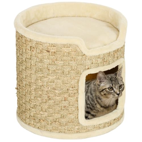 PawHut Kratztonne, 37 cm Hoch Katzentonne, Katzenhöhle mit Tür, Katzenhaus, Kratzbaum mit 2 Ebene, Katzenturm, Katzenbett aus Sisal, für Katze bis 5 kg, Khaki von PawHut