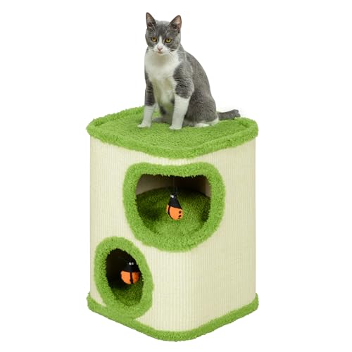 PawHut Kratztonne, 52 cm hoch Katzentonne mit 2 Höhle, Kratzbaum mit Marienkäfer-Spielzeug, Katzenturm aus Sisal, Katzenhöhle Katzenhütte für Katze bis 5 kg, Grün+Cremeweiß von PawHut