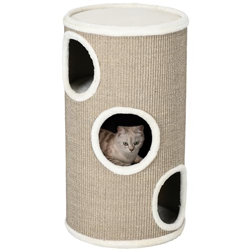 PawHut Kratztonne, Höhe 70 cm, Spieltonne für Katzen, 3 Ebenen, Katzenkratzbaum mit 3 Höhlen, Katzenbaum, Kratzturm aus Sisal, Katzenmöbel, Plüsch, Braun von PawHut