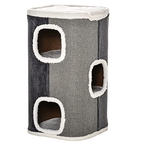 PawHut Kratztonne für Katzen Katzenkratzbaum 3 Ebenen Katzenbaum Kletterbaum für Katzen Katzenmöbel Spanplatte samtartiges Polyester Sisal Grau+Weiß 40 x 40 x 74 cm von PawHut