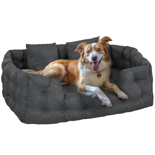 PawHut Medium Dog Bed Haustierbett mit 2 Kissen Hundematratze mit Anti-Rutsch-Boden Abnehmbarer und waschbarer Bezug 110x70x35 cm Grau von PawHut