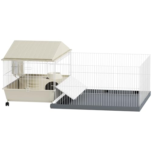 PawHut Meerschweinchenkäfig, Kleintierkäfig mit herausnehmbarem Laufstall wasserfeste Matte, Balkon, Futternapf, Rampe mit weicher Abdeckung, 4 Räder, für Meerschweinchen, Igel beige von PawHut