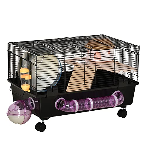 PawHut Mehrstöckiger Hamsterkäfig mit Haus, Fütterung und Trog, Tunnel und Rad, Kleinnager-Käfig mit 4 Rädern von PawHut