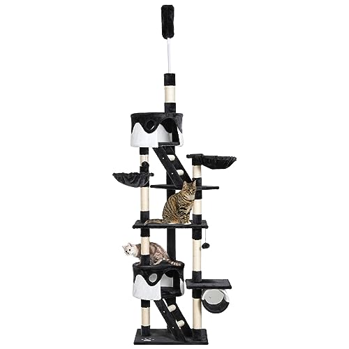 PawHut Multi-Level 240-260cm Deckenkratzer mit Zwingern, Hängematten und Leitern, Sisalseile, dunkelgrau und weiß von PawHut