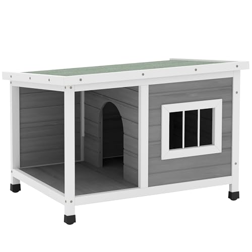 PawHut Outdoor Hundehütte 85,5x62x60 cm Hundehütte aus Holz mit Asphaltdach, Flügeltür und Fenster für kleine Hunde Grau von PawHut