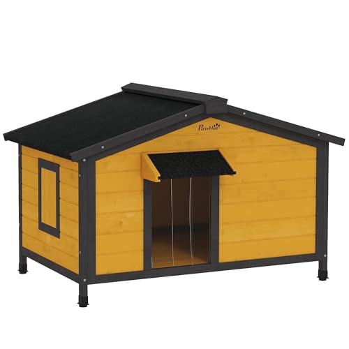 PawHut Outdoor Hundehütte Kleine Hundehütte mit faltbarem Asphaltdach 2 Fenster Tür mit Vorhang und abnehmbarem Boden 97x72x65 cm Naturholz von PawHut