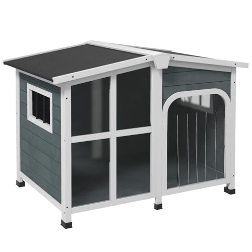 PawHut Outdoor-Hundehütte aus Holz, Hundehütte mit Schutzvorhang, Fenster und Dach zum Öffnen, mittelgroße Hunde bis 20 kg, 101x66,5x70,5cm, dunkelgrau von PawHut