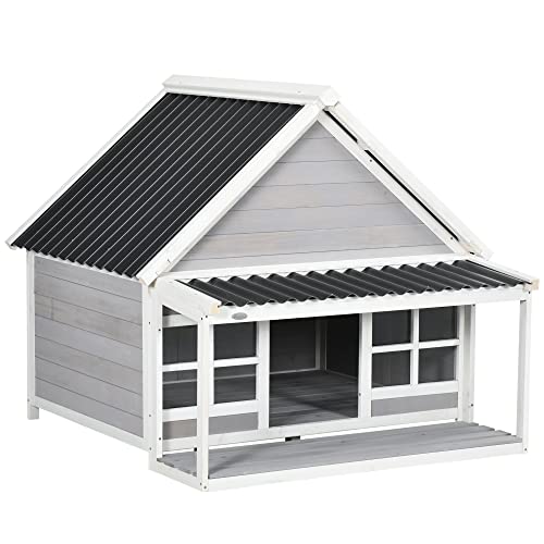 PawHut Outdoor-Hundehütte aus Holz und PVC-Dach, mittelgroße Hundehütte mit Veranda und Fenstern von PawHut