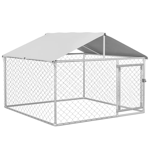 PawHut Outdoor-Hundezwinger, Tiergehege mit wasserdichter Abdeckung, 200x200x150cm, Silber und Grau von PawHut