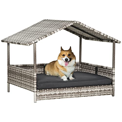 PawHut Rattan Hundehaus mit Kissen, Hundebett im Hausform, Outdoor Hundehütte, Stahlrahmen, Kunststoff, Grau, 69 x 98 x 70 cm von PawHut