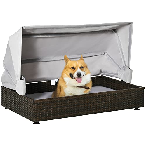 PawHut Rattan Hundehütte mit Dach Hundeliege Hundehaus Haustierbett Hundebett Hundekorb Hundesofa Hunde Outdoor Kissen Kaffee+Grau 90 x 60 x 65 cm von PawHut